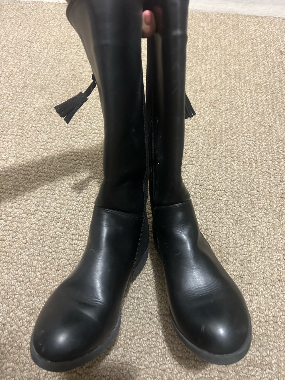 Black Leather Knee-High Boots with Tassel Detail